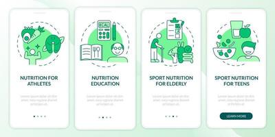 Eating for exercise and sports green onboarding mobile app screen. Food walkthrough 4 steps graphic instructions pages with linear concepts. UI, UX, GUI template. Myriad Pro-Bold, Regular fonts used vector