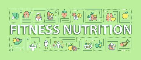 Fitness nutrition word concepts green banner. Sports diet. Infographics with linear icons on background. Isolated typography. Vector outline color illustration with text. Arial-Black font used