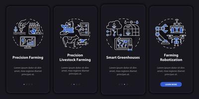 Precision agriculture night mode onboarding mobile app screen. Walkthrough 4 steps graphic instructions pages with linear concepts. UI, UX, GUI template. Myriad Pro-Bold, Regular fonts used vector