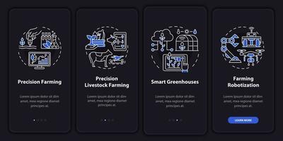 pantalla de aplicación móvil de incorporación de modo nocturno de agricultura de precisión. tutorial 4 pasos páginas de instrucciones gráficas con conceptos lineales. interfaz de usuario, ux, plantilla de interfaz gráfica de usuario. innumerables fuentes pro-negrita y regulares utilizadas vector