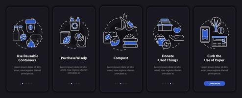 How to minimize waste night mode onboarding mobile app screen. Walkthrough 5 steps graphic instructions pages with linear concepts. UI, UX, GUI template. Myriad Pro-Bold, Regular fonts used vector