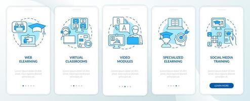 Elearning types blue onboarding mobile app screen. Online education walkthrough 5 steps graphic instructions pages with linear concepts. UI, UX, GUI template. Myriad Pro-Bold, Regular fonts used vector