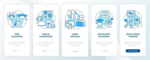 Elearning types blue onboarding mobile app screen. Online education walkthrough 5 steps graphic instructions pages with linear concepts. UI, UX, GUI template. Myriad Pro-Bold, Regular fonts used vector