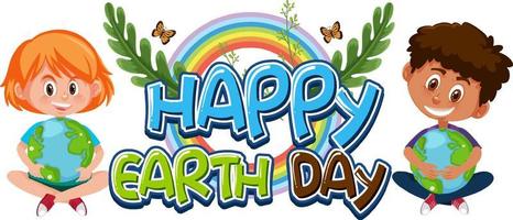 banner de feliz día de la tierra con dos niños en estilo de dibujos animados vector