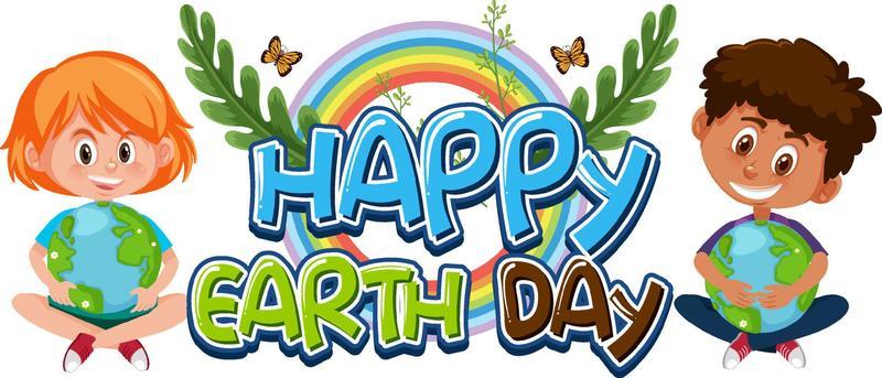 Happy Earth Day banner with two childen in cartoon style