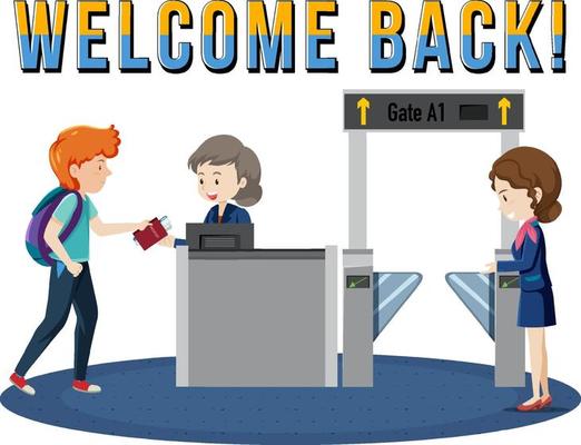 Welcome Back typography design with passenger walking to boarding gate