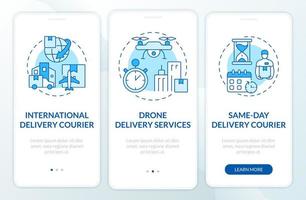 Courier delivery business blue and white onboarding mobile app screen. Post walkthrough 3 steps graphic instructions pages with concepts. UI, UX, GUI template. Myriad Pro-Bold, Regular fonts used vector