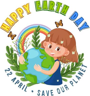 Happy Earth Day banner design with a girl hugging earth