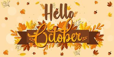Hello October logo with ornamental autumn leaf vector