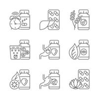 Food supplements linear icons set. Dietary products for health. Vitamins to supplement diet. Customizable thin line contour symbols. Isolated vector outline illustrations. Editable stroke