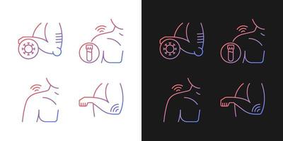 Shoulder and elbow pain gradient icons set for dark and light mode. Autoimmune condition. Thin line contour symbols bundle. Isolated vector outline illustrations collection on black and white