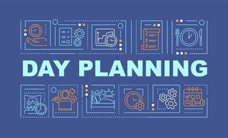 Day planning word concepts blue banner. Lifestyle balance. Infographics with linear icons on background. Isolated typography. Vector outline color illustration with text. Arial-Black font used