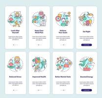 Life balance and biorhythms onboarding mobile app screen set. Harmony walkthrough 4 steps graphic instructions pages with linear concepts. UI, UX, GUI template. Myriad Pro-Bold, Regular fonts used vector