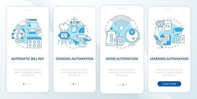 Everyday life automation blue onboarding mobile app screen. Auto system walkthrough 4 steps graphic instructions pages with linear concepts. UI, UX, GUI template. Myriad Pro-Bold, Regular fonts used vector