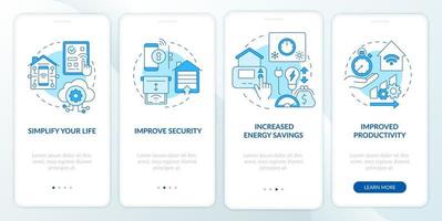 Reasons for home automation blue onboarding mobile app screen. Walkthrough 4 steps graphic instructions pages with linear concepts. UI, UX, GUI template. Myriad Pro-Bold, Regular fonts used vector