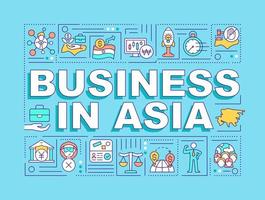 Business in Asia word concepts turquoise banner. Entrepreneurship. Infographics with linear icons on background. Isolated typography. Vector outline color illustration with text. Arial-Black font used