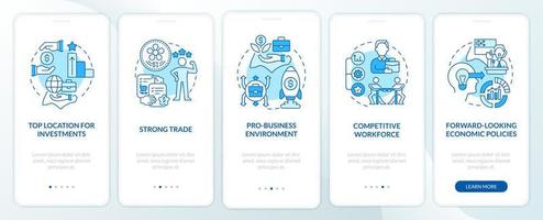 Business-friendly Singapore blue onboarding mobile app screen. Walkthrough 5 steps graphic instructions pages with linear concepts. UI, UX, GUI template. Myriad Pro-Bold, Regular fonts used vector