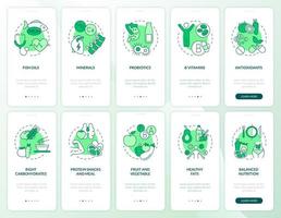 Juego de pantalla de aplicación móvil de incorporación verde de comidas y suplementos. tutorial de vida 5 pasos páginas de instrucciones gráficas con conceptos lineales. interfaz de usuario, ux, plantilla de interfaz gráfica de usuario. innumerables fuentes pro-negrita y regulares utilizadas vector