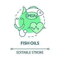 Fish oils green concept icon. Fat acids and vitamins for sports trainings abstract idea thin line illustration. Isolated outline drawing. Editable stroke. Roboto-Medium, Myriad Pro-Bold fonts used vector