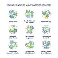 Pricing principles and strategies concept icons set. Portray value idea thin line color illustrations. Isolated outline drawings. Editable stroke. Roboto-Medium, Myriad Pro-Bold fonts used vector