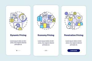 General pricing strategies onboarding mobile app screen. Economy, dynamic walkthrough 3 steps graphic instructions pages with linear concepts. UI, UX, GUI template. Myriad Pro-Bold, Regular fonts used vector