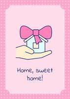 Congratulation on new place greeting card with color icon element. Home, sweet home. Postcard vector design. Decorative flyer with creative illustration. Notecard with congratulatory message on pink