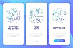 Food technology blue gradient onboarding mobile app screen. Processing walkthrough 3 steps graphic instructions pages with linear concepts. UI, UX, GUI template. Myriad Pro-Bold, Regular fonts used vector