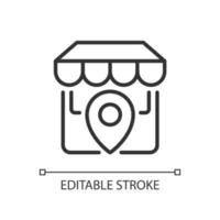 Store location pixel perfect linear icon. Physical shop position. Website information. Market address. Thin line illustration. Contour symbol. Vector outline drawing. Editable stroke. Arial font used