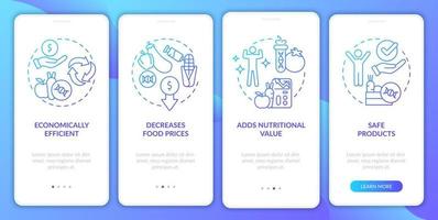 Advantages of gmo blue gradient onboarding mobile app screen. Food issues walkthrough 4 steps graphic instructions pages with linear concepts. UI, UX, GUI template. Myriad Pro-Bold, Regular fonts used vector