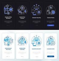 Smart tech for seniors night and day mode onboarding mobile app screen. Walkthrough 4 steps graphic instructions pages with linear concepts. UI, UX, GUI template. Myriad Pro-Bold, Regular fonts used vector