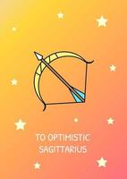 To optimistic sagittarius greeting card with color icon element. Postcard vector design. Decorative flyer with creative illustration. Notecard with congratulatory message on orange gradient