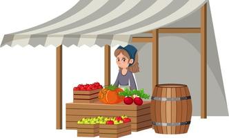 Chica medieval en la tienda de frutas sobre fondo blanco. vector