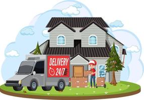 A courier brings packages with delivery truck vector