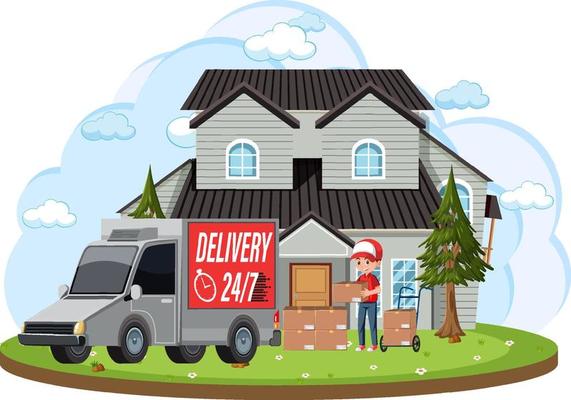 A courier brings packages with delivery truck