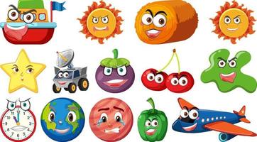 Set of different toy objects with smiley faces vector