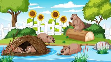 River in the forest with beaver family vector