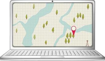 Laptop computer with map and pin location display vector