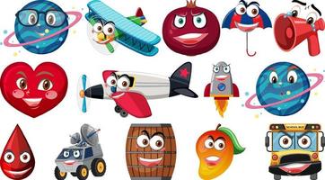 Set of different toy objects with smiley faces vector