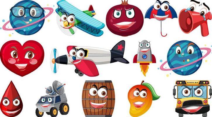 Set of different toy objects with smiley faces