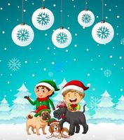 Christmas poster design with two elves and dogs on snowy background vector