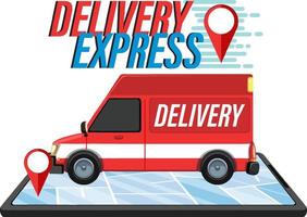 Delivery Express logotype with panel van and location pin vector