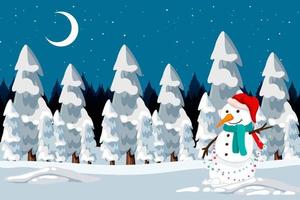 Christmas snowman in the snow at night scene vector