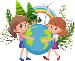 dos chicas abrazando el globo terráqueo juntas en estilo de dibujos animados vector