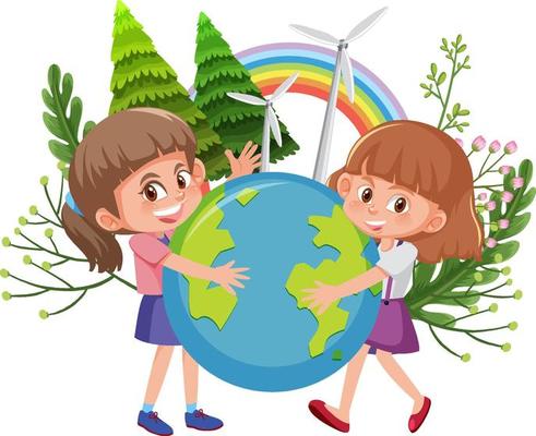 Two girls hugging earth globe togetherin cartoon style