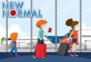 nueva normalidad con pasajeros caminando en el aeropuerto vector