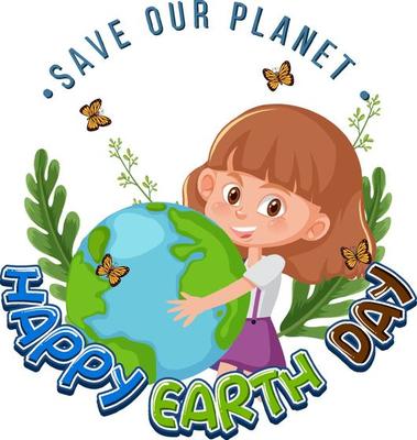 Happy Earth Day banner with a girl holding earth globe