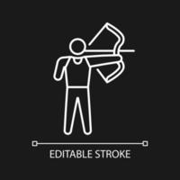 Archery white linear icon for dark theme. Bow shooting. Accuracy sport contest. Disabled athlete. Thin line customizable illustration. Isolated vector contour symbol for night mode. Editable stroke