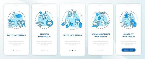 Hate crime against onboarding mobile app page screen. Religion and ethnicity walkthrough 5 steps graphic instructions with concepts. UI, UX, GUI vector template with linear color illustrations