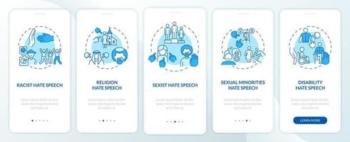 crimen de odio contra la incorporación de la pantalla de la página de la aplicación móvil. Tutorial de religión y etnicidad 5 pasos instrucciones gráficas con conceptos. ui, ux, plantilla vectorial gui con ilustraciones en color lineal vector