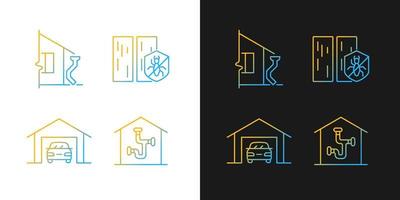 Residential construction gradient icons set for dark and light mode. Roof drainage system. Thin line contour symbols bundle. Isolated vector outline illustrations collection on black and white